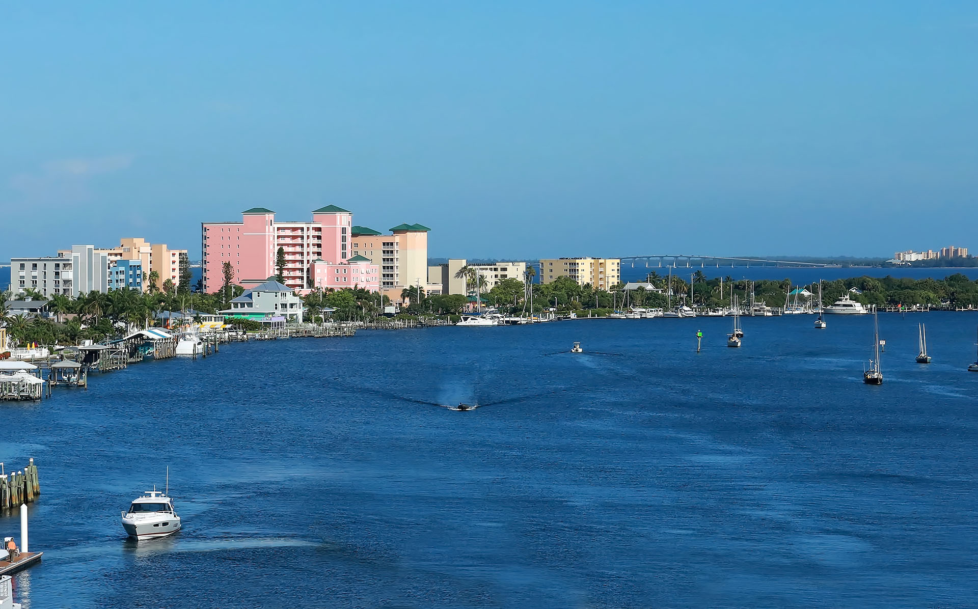 Fort Myers Beach skyline and the Mantanza Pass Waterway